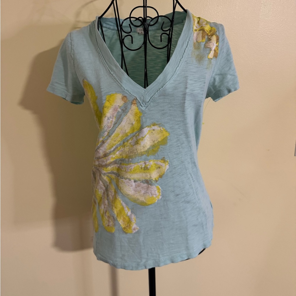 J. Crew Light Blue Floral Short Sleeve V-Neck Tee